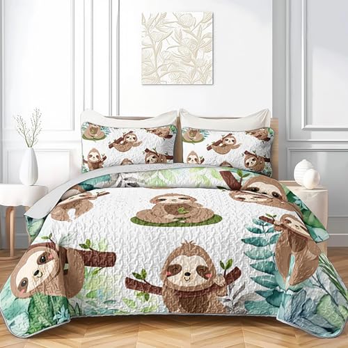 AILONEN Niedliches Faultier-Tagesdecken-Set in voller Größe, Cartoon-Faultier auf dem Ast liegend, Tagesdecken-Set für Kinder und Mädchen, weich, leicht, 1 Kawaii-Tier-Bettbezug + 2 Kissenbezüge, 3 AILONEN Niedliches Faultier-Tagesdecken-Set in voller Größe, Cartoon-Faultier auf dem Ast liegend, Tagesdecken-Set für Kinder und Mädchen, weich, leicht, 1 Kawaii-Tier-Bettbezug + 2 Kissenbezüge, 3 von AILONEN