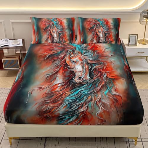 AILONEN Pferde-Spannbettlaken-Set für Doppelbett, XL, Aquarell-Pferddruck, Bettwäsche-Set für Kinder, Jungen, Mädchen, Teenager, Tiermotiv-Bettwäsche-Set für alle Jahreszeiten, 1 Spannbetttuch und 2 AILONEN Pferde-Spannbettlaken-Set für Doppelbett, XL, Aquarell-Pferddruck, Bettwäsche-Set für Kinder, Jungen, Mädchen, Teenager, Tiermotiv-Bettwäsche-Set für alle Jahreszeiten, 1 Spannbetttuch und 2 von AILONEN