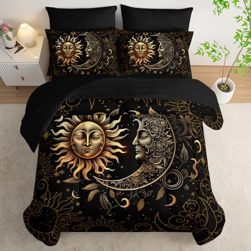 AILONEN Sonnen- und Mond-Bettwäsche-Set für Doppelbett, weich, schwarz-goldfarben, Boho-Bett in einer Tasche, inklusive Bettdecke, Spannbetttuch, Bettlaken, 2 Kissenbezüge, 2 Kissenbezüge für Zimmer von AILONEN