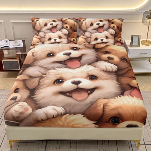 AILONEN Spannbettlaken-Set mit niedlichem Cartoon-Welpen-Motiv, für Kinder, Mädchen, Jungen, Doppelbettgröße, 3-teilig, 1 Bettlaken-Set + 2 Kissenbezüge AILONEN Spannbettlaken-Set mit niedlichem Cartoon-Welpen-Motiv, für Kinder, Mädchen, Jungen, Doppelbettgröße, 3-teilig, 1 Bettlaken-Set + 2 Kissenbezüge von AILONEN