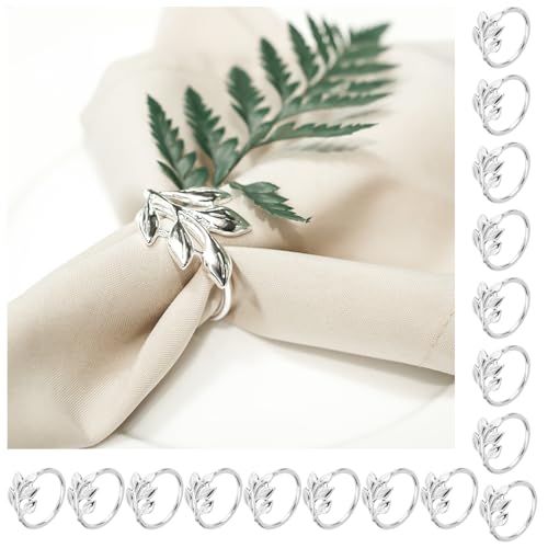 16 Stück Serviettenringe Silber, Metall Serviettenschnallen, Blätter Serviettenhalter, Elegante Servietten Schnallen, Napkin Rings für Thanksgiving Hochzeitsfeier Familienessen Ostern Tischdekoration von AILUYA