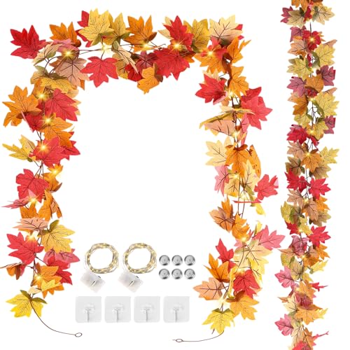 2 Stück Herbstgirlande, 2m Ahornblatt Girlande, Künstliche Herbstlaub-Girlande mit LED-Warmlicht und Haken, Hängepflanze für Fenster, Halloween, Kamine Herbst Deko 2 Stück Herbstgirlande, 2m Ahornblatt Girlande, Künstliche Herbstlaub-Girlande mit LED-Warmlicht und Haken, Hängepflanze für Fenster, Halloween, Kamine Herbst Deko von AILUYA