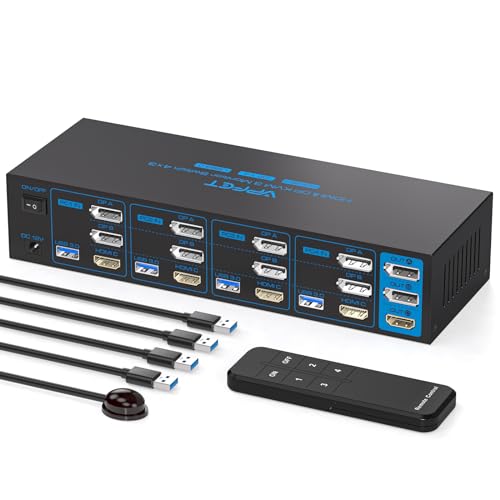 AILVLVNG 4K144Hz 2 Displayport+HDMI 4 PC 3 Monitore KVM Switch 8K60Hz Unterstützt 4 Computer die sich 3 Monitors und 4 USB 3.0 Anschlüsse, wie Tastaturen Mäuse Drucker und U Disk von AILVLVNG