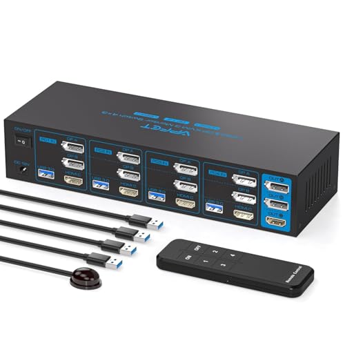 AILVLVNG 4K144Hz 2 Displayport HDMI 4 PC 3 Monitore KVM Switch 8K60Hz Unterstützt 4 Computer die sich 3 Monitors und 4 USB 3.0 Anschlüsse, wie Tastaturen Mäuse Drucker und U Disk von AILVLVNG