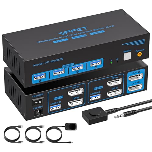 AILVLVNG 4K144Hz Displayport KVM Switch 2 PC 2 Monitore 8K USB 3.0 KVM-Switches für 2 Desktop teilen Sich 2 Monitor und 4 USB 3.0-Anschlüsse wie Tastaturen Mäuse Drucker Inklusive Mini Controller von AILVLVNG