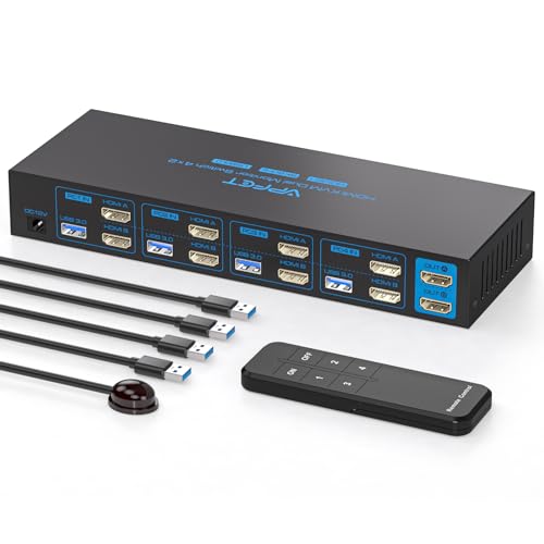 AILVLVNG 4K144Hz HDMI KVM Switch 4 PC 2 Monitore, 8K60Hz EDID KVM-Switches für 4 Computer teilen Sich 2 Monitore und 4 USB 3.0 mit 2 Arten der Kontrolle, Unterstützt Erweiterungsmodus und Spiegelmodus von AILVLVNG