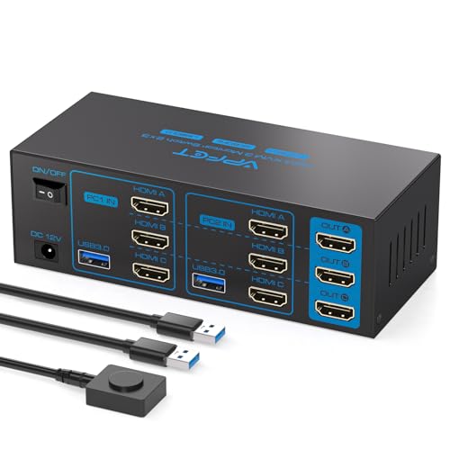 AILVLVNG HDMI KVM Switch 2 PC 3 Monitore 4K60Hz EDID KVM-Switches für 2 Computer teilen Sich 3 Monitore und 4 USB 3.0 Ports, unterstützen Anzeige Erweitern und Displayspiegeln von AILVLVNG