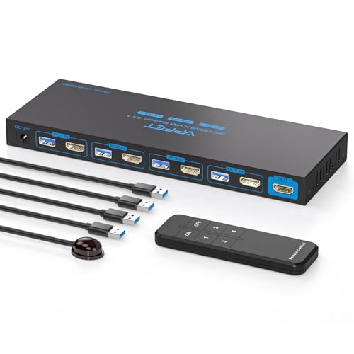 AILVLVNG HDMI KVM Switch 4 PC 1 Monitore USB 3.0 4K@60 Simulation EDID KVM-Switches 4X1 Für 4 Computer die Sich 1 Monitor und 4 USB3.0 Ports., Maus, Drucker mit 4 USB 3.0 Kabeln und Mini Controller von AILVLVNG