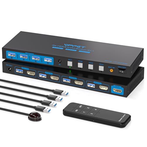 AILVLVNG HDMI KVM Switch 4 PC 1 Monitore USB 3.0 4K@60Hz Simulation EDID KVM-Switches 4X1 Für 4 Computer die Sich 1 Monitor und 4 USB Ports Maus Drucker mit 4 USB-Kabeln und Mini Controller von AILVLVNG