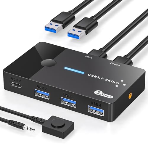 AILVLVNG USB 3.0 Switch 2 PC Sharing USBC & A Geräte, USB Schalter 2 In 4 Out Sharing Tastatur Maus und Drucker für 2 Computer mit Desktop Controller und 2 Universal Serial Bus 3.0 Kabel von AILVLVNG