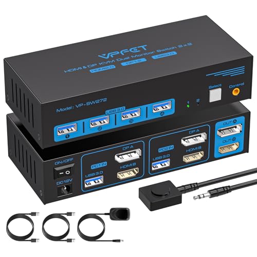 AILVLVNG HDMI Displayport KVM Switch 2 PC 2 Monitore 4K@60Hz USB 3.0 KVM-Switches für 2 PC teilen sich 2 Monitor und 4 USB 3.0-Anschlüsse wie Tastaturen, Mäuse, Drucker und U Disk von AILVLVNG