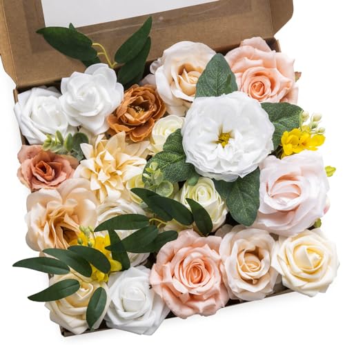 AIM & GGKK Seidenblumen Wie Echt Rosen Künstliche Blumen Combo Box mit Stielen für Blumen Deko Torte Kunst Blumen Frühling Blumensträuße Hochzeit Party Zuhause Babyparty Deko（Champagner Altrosa Set） von AIM & GGKK