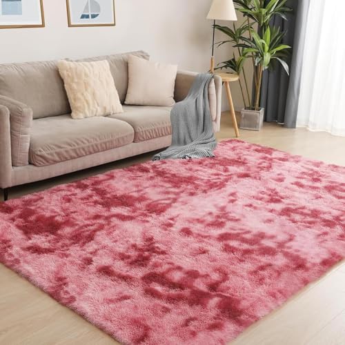 AIMECO Hochflor Teppich Wohnzimmer Carpet 120X160cm Anti-Rutsch Extra Große Teppiche Schlafzimmer flauschig Teppiche Matte Teppichen Mädchen Schlafzimmer und Kinderzimmer.Tie-dye Rose Rot von AIMECO