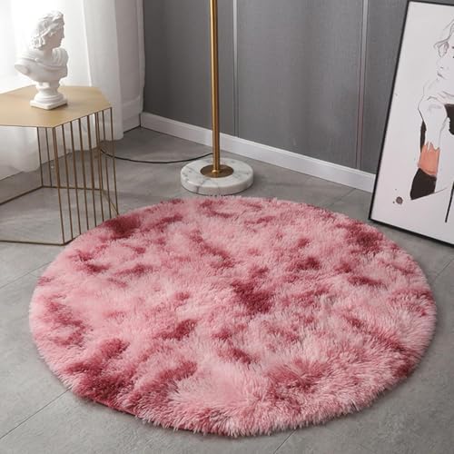 AIMECO Hochflor rund Teppich Wohnzimmer Carpet Anti-Rutsch Extra Große Teppiche Schlafzimmer flauschig Teppiche Matte Teppichen Mädchen Schlafzimmer und Kinderzimmer.rund 120cm Tie-dye Rose Rot von AIMECO
