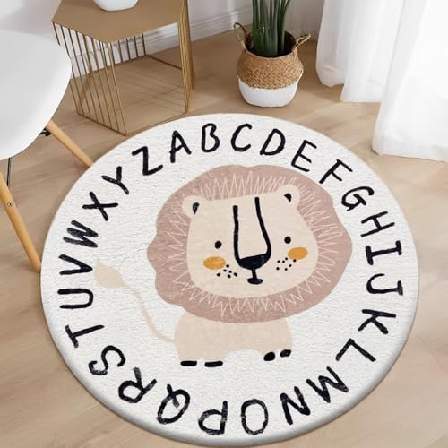 AIMECO Kinderteppich Rund 160CM Weicher Kuscheliger Carpet Wohnzimmer Teppichen Mädchen Schlafzimmer Kinderzimmer Dünn Pflegeleicht Teppiche Motiv Löwe von AIMECO