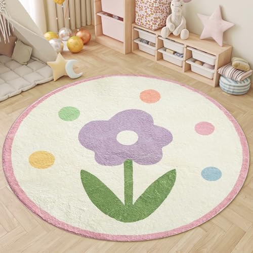 AIMECO Weicher Kuscheliger Kinderteppich Weicher Rund Carpet Wohnzimmer Teppichen Mädchen Schlafzimmer Kinderzimmer Waschbarer Pflegeleicht Teppiche Motiv Rund 100cm Lila Blumen von AIMECO
