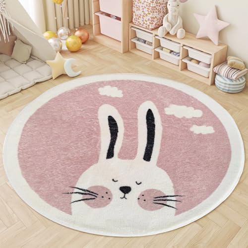 AIMECO Weicher Kuscheliger Kinderteppich Weicher Rund Carpet Wohnzimmer Teppichen Mädchen Schlafzimmer Kinderzimmer Waschbarer Pflegeleicht Teppiche Motiv Rund 160cm Kaninchen-Rosa von AIMECO