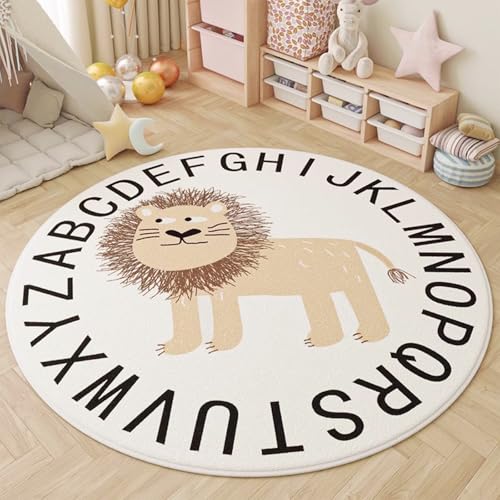 AIMECO Kinderteppich Rund 160CM Weicher Kuscheliger Carpet Wohnzimmer Teppichen Mädchen Schlafzimmer Kinderzimmer Dünn Pflegeleicht Teppiche Motiv Löwe 2 von AIMECO