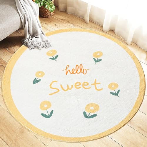 AIMECO Weicher Kuscheliger Kinderteppich Weicher Rund Carpet Wohnzimmer Teppichen Mädchen Schlafzimmer Kinderzimmer Waschbarer Pflegeleicht Teppiche Motiv Rund 200cm Gelbe Blumen von AIMECO