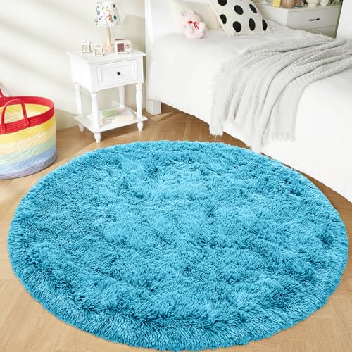 AIMECO Schlafzimmer Bereich Teppich, (Durchmesser 200cm) Nachttisch Shag,Flauschigen Teppich, Wohnzimmer, Kinderzimmer, Mädchen Schlafzimmer, Blau von AIMECO