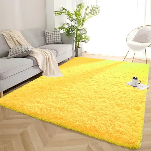 AIMECO Teppich Wohnzimmer Gelb 140x200cm Flauschige Anti-Rutsch Extra Große Teppiche Gegend Furry Matte Carpet Moderne Rug für Mädchen Schlafzimmer Kinderzimmer von AIMECO