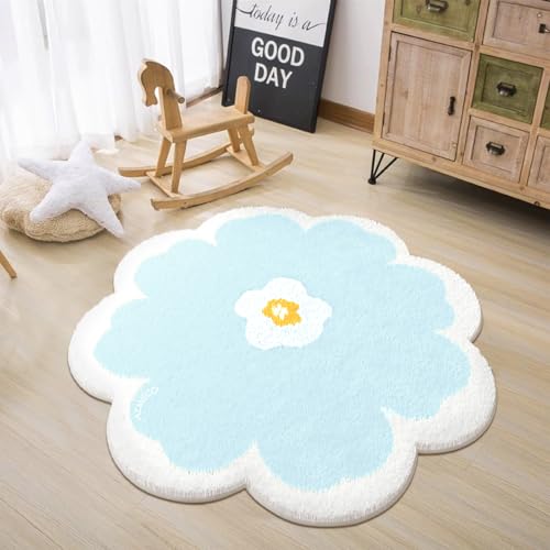 AIMECO Weicher Kuscheliger Kinderteppich Weicher Rund Carpet Wohnzimmer Teppichen Mädchen Schlafzimmer Kinderzimmer Waschbarer Pflegeleicht Teppiche Motiv Rund 100cm Himmelblaue Blumen von AIMECO