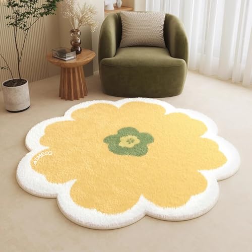 AIMECO Weicher Kuscheliger Kinderteppich Weicher Rund Carpet Wohnzimmer Teppichen Mädchen Schlafzimmer Kinderzimmer Waschbarer Pflegeleicht Teppiche Motiv Rund 100cm gelbe Blume von AIMECO
