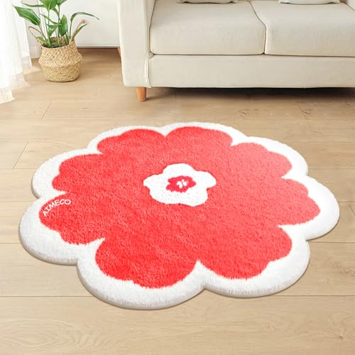 AIMECO Weicher Kuscheliger Kinderteppich Weicher Rund Carpet Wohnzimmer Teppichen Mädchen Schlafzimmer Kinderzimmer Waschbarer Pflegeleicht Teppiche Motiv Rund 100cm rote Blume von AIMECO