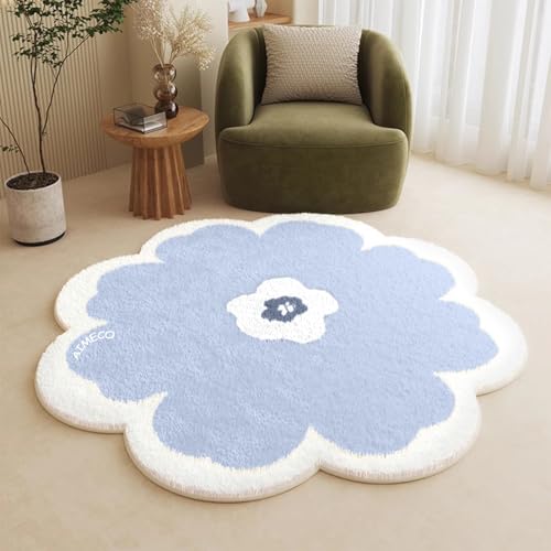 AIMECO Weicher Kuscheliger Kinderteppich Weicher Rund Carpet Wohnzimmer Teppichen Mädchen Schlafzimmer Kinderzimmer Waschbarer Pflegeleicht Teppiche Motiv Rund 120cm Blaue Blumen von AIMECO