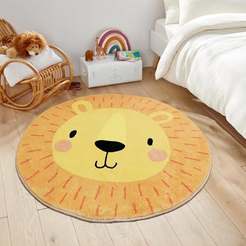 AIMECO Weicher Kuscheliger Kinderteppich Weicher Rund Carpet Wohnzimmer Teppichen Mädchen Schlafzimmer Kinderzimmer Waschbarer Pflegeleicht Teppiche Motiv Rund 200cm Löwe - Gelb von AIMECO