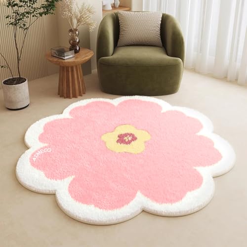 AIMECO Weicher Kuscheliger Kinderteppich Weicher Rund Carpet Wohnzimmer Teppichen Mädchen Schlafzimmer Kinderzimmer Waschbarer Pflegeleicht Teppiche Motiv Rund 80cm Rosa Blumen von AIMECO