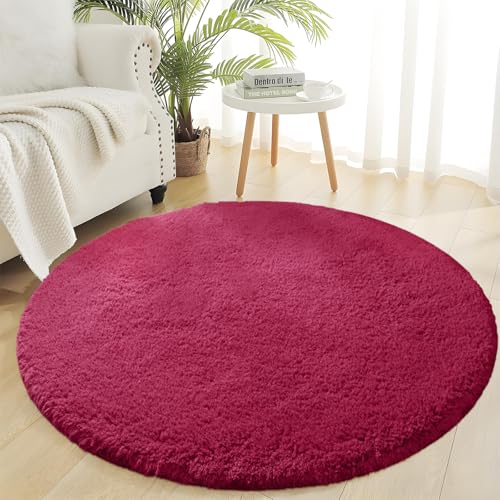 AIMECO Wohnzimmer Teppich Hochflor Carpet Anti-Rutsch Extra Große Teppiche Schlafzimmer Flauschige Moderne Teppiche Matte Teppichen Mädchen Schlafzimmer Kinderzimmer rund 160cm Burgunderrot von AIMECO