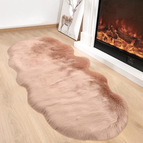 AIMECO kunstfell Teppich Faux Lammfell Schaffell Teppich Flauschiger Haarig Wohnzimmer Deko Weicher Fell Carpet für Stühle Sofa Schlafzimmer Kinderzimmer. Khaki 60 x 180 cm von AIMECO