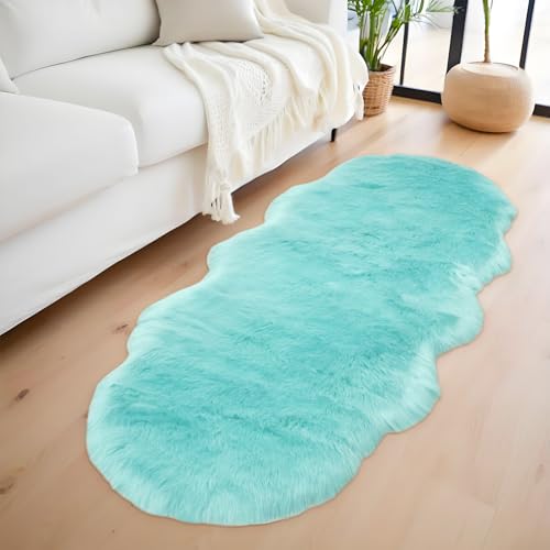AIMECO kunstfell teppich Faux Lammfell Schaffell Teppich Flauschiger Haarig Wohnzimmer Deko Weicher Fell Carpet für Stühle Sofa Schlafzimmer Kinderzimmer. Hellblau 60 x 90 cm von AIMECO