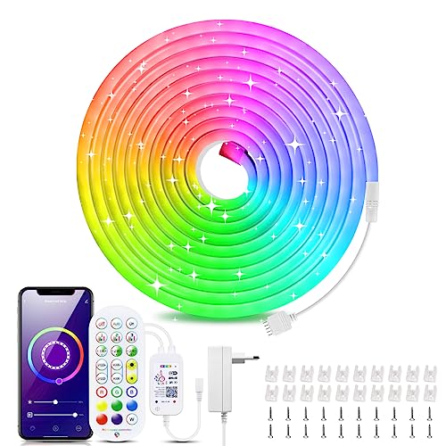 12V RGB Neon Led Strip,IP65 Wasserdicht Silikon Flexibler Streifen,Fernbedienung,App-Steuerung,Musik-Sync Funktioniert mit Alexa,Lichtband Für Innen Aussenbereich Deko(5M) von AIMENGTE