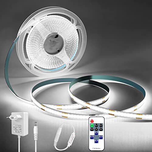 AIMENGTE 12V COB LED Streifen,LED Strip 6500K Weiss LED Band Dimmbar mit Fernbedienung & Netzteil,Flexible DIY Lichtleiste für TV Küche Schrank Schlafzimmer Dekoration (2M, Weiß) von AIMENGTE