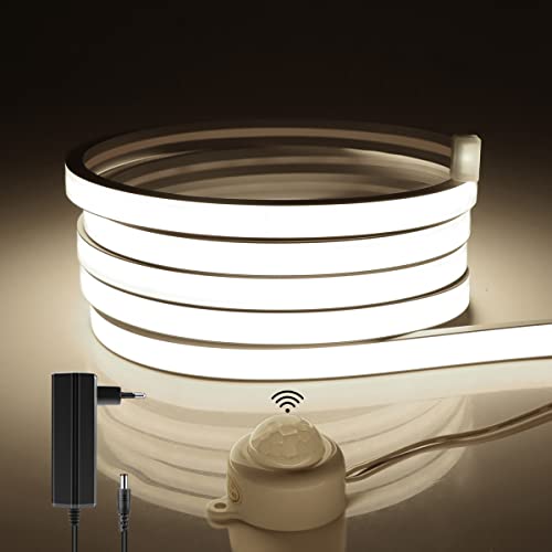 AIMENGTE 24V Neon LED Streifen,Wasserdicht COB LED Strip mit Bewegungsmelder,320LED/M Silikon DIY Flexibel Led Lichtleiste für Innen Aussenbereich Heim Küche Deko (4M, Naturweiß) von AIMENGTE