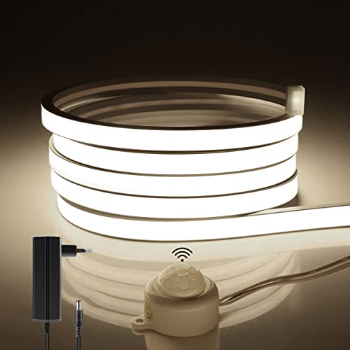 AIMENGTE 24V Neon LED Streifen,Wasserdicht IP67 COB LED Strip mit Bewegungsmelder,320LED/M Silikon DIY Flexibel Led Lichtleiste für Innen Aussenbereich Heim Küche Deko (5M, Naturweiß) von AIMENGTE