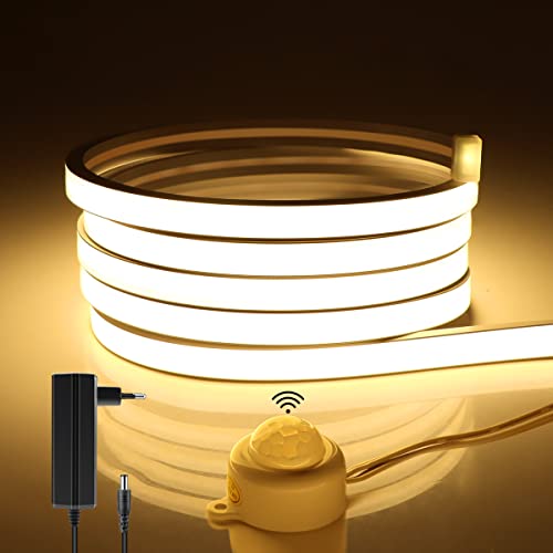 AIMENGTE 24V Neon LED Streifen,Wasserdicht COB LED Strip mit Bewegungsmelder,320LED/M Silikon DIY Flexibel Led Lichtleiste für Innen Aussenbereich Heim Küche Deko (5M, Warmesweiß) von AIMENGTE