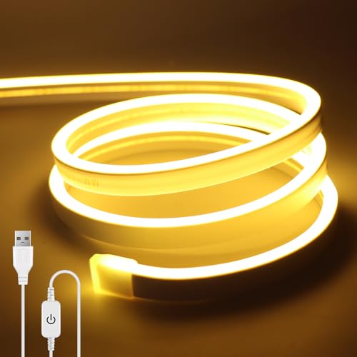 AIMENGTE LED Strip 1m, 5V Dimmbar Neon Warmweiss LED Streifen, CRI 90+ Wasserdicht 3000K 120 LED Lichtband, Silikon DIY Flexibel Lichtleiste für Küche Wohnzimmer Innen Aussenbereich Deko von AIMENGTE