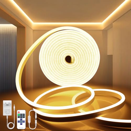 AIMENGTE Neon LED Streifen,12V Dimmbar Neon LED Strip mit 11 Tasten Fernbedienung,Wasserdicht Silikon Flexibler Neon LED Lichtband für Heim Küche Deko (5M, Warm White) von AIMENGTE