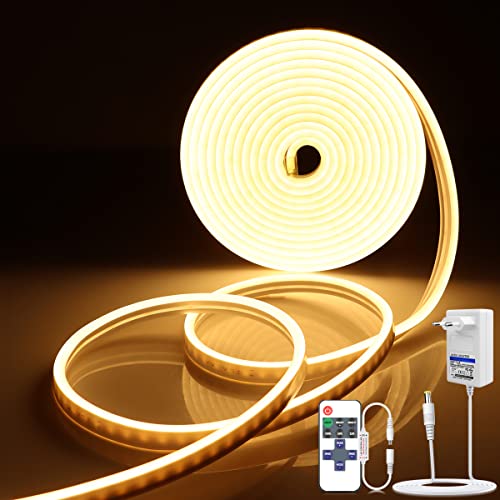 AIMENGTE Neon Led Strip,12V Dimmbare Flexibler Lichtleiste LED Streifen mit 11 Tasten Dimmer Fernbedienung,Wasserdicht silikon led streifen für Innen Aussenbereich Heim Küche(Warm white, 5M) von AIMENGTE