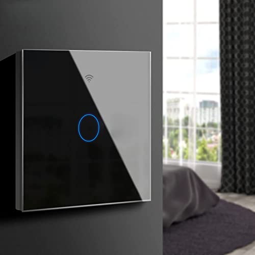 Smart Alexa Lichtschalter,Wlan schalter Gehärtetes Glas Funk Wandlichtschalter Touch Lichtschalter,Kompatibel mit Tuya App,Alexa,Google Home,Fernbedienung Timer Funktion (1 Gang 1 Way, Schwarz) von AIMENGTE