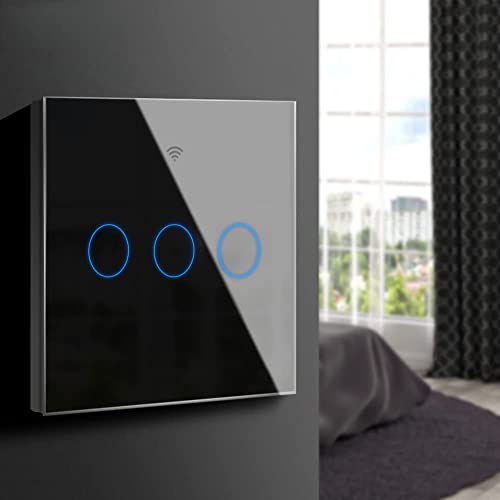 AIMENGTE Smart Lichtschalter, Wlan schalter Gehärtetes Glas Funk Wandlichtschalter Touch Lichtschalter, Kompatibel mit Tuya App,Alexa,Google Home,Fernbedienung Timer Funktion (3 Gang 1 Way, Schwarz) von AIMENGTE