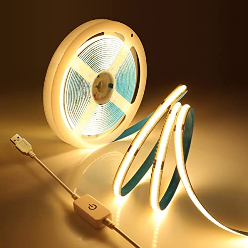 AIMENGTE USB 5V LED Strip,Dimmbar COB LED Streifen mit Touchschalter,LED Band Lichterkette für Schlafzimmer,Küche,Schrank DIY Dekoration (2M, Warmweiß) von AIMENGTE