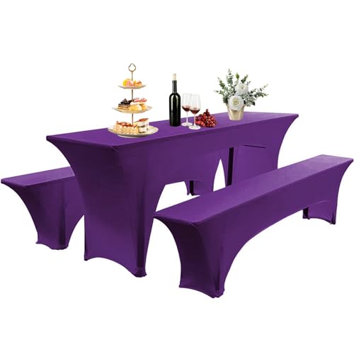 AIMENJOY Elastisch Biertischhussen Bierbank-Auflage & Tischdecke Für 50 cm or 70 cm Table Width 3 TLG-Set Breite Bierzeltgarnitur Stretch Hussen Für Festzeltgarnituren Bierbank Hussen (Lila -1,70 cm) von AIMENJOY