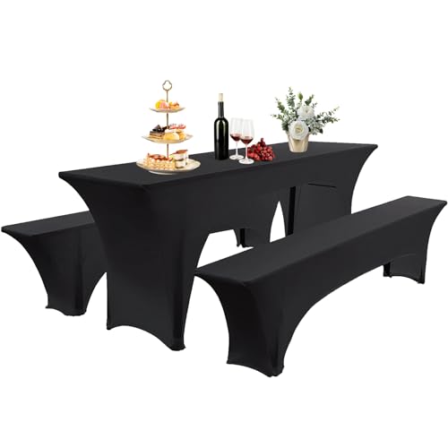 AIMENJOY Elastisch Biertischhussen Bierbank-Auflage & Tischdecke Für 50 cm or 70 cm Table Width 3 TLG-Set Breite Bierzeltgarnitur Stretch Hussen Für Festzeltgarnituren Bierbank Hussen (Schwarz,50 cm) von AIMENJOY