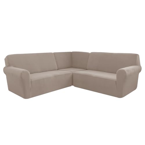 AIMENJOY L-Form Sofahusse 5/7-Sitzer Eckcouch Cover, Elastischer Ecksofabezug Mit Anti-rutsch Schaumstoffankern, 3-teilige Dicker Jacquard Schonbezug (Khaki,5 Sitzer) von AIMENJOY
