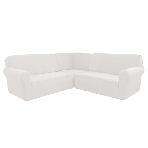 AIMENJOY L-Form Sofahusse 5/7-Sitzer Eckcouch Cover, Elastischer Ecksofabezug Mit Anti-rutsch Schaumstoffankern, 3-teilige Dicker Jacquard Schonbezug (White,7 Sitzer) von AIMENJOY