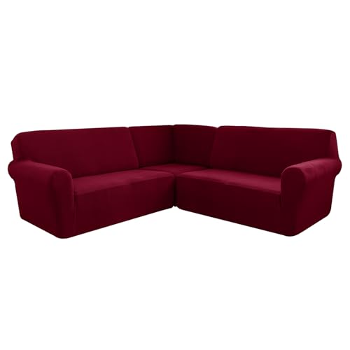 AIMENJOY L-Form Sofahusse 5/7-Sitzer Eckcouch Cover, Elastischer Ecksofabezug Mit Anti-rutsch Schaumstoffankern, 3-teilige Dicker Jacquard Schonbezug (Wine red,7 Sitzer) von AIMENJOY